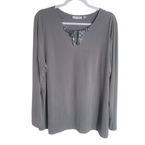 Susan Graver Liquid Knit Shirt Womens XL Gray Long Sleeve Rhinestone Embellished